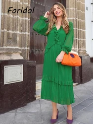 Elegant Loose Boho Beach Style Summer Midi Dress Robe Women Vintage Retro Ruffled Long Sleeve Sundresss Maxi Dress Autumn