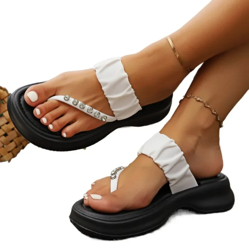 2024 heißer Verkauf Damen Schuhe Offene spitze frauen Hausschuhe Plattform Casual Hausschuhe Frauen Kristall Runde Kappe Flache mit Tanga sandalen