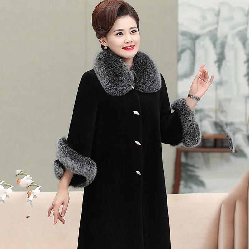 New Haining Sheep Shearling Coat Women\'s Mid-length Fox Fur Collar Slim Mother\'s Bress Middle-aged And Elderly Wool Fur CoatLady