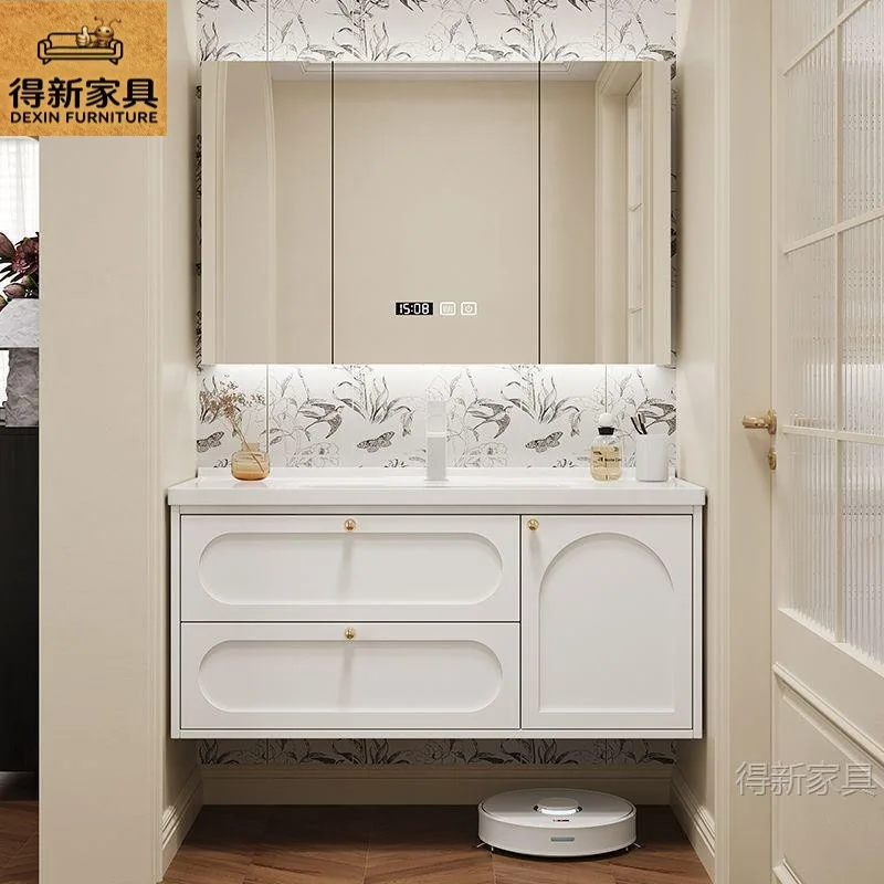 Storage Bathroom Cabinet Washbasin Ceramic Integrated Basin Bathroom Cabinet Washbasin Cabinet Light Luxury Household Solid Wood