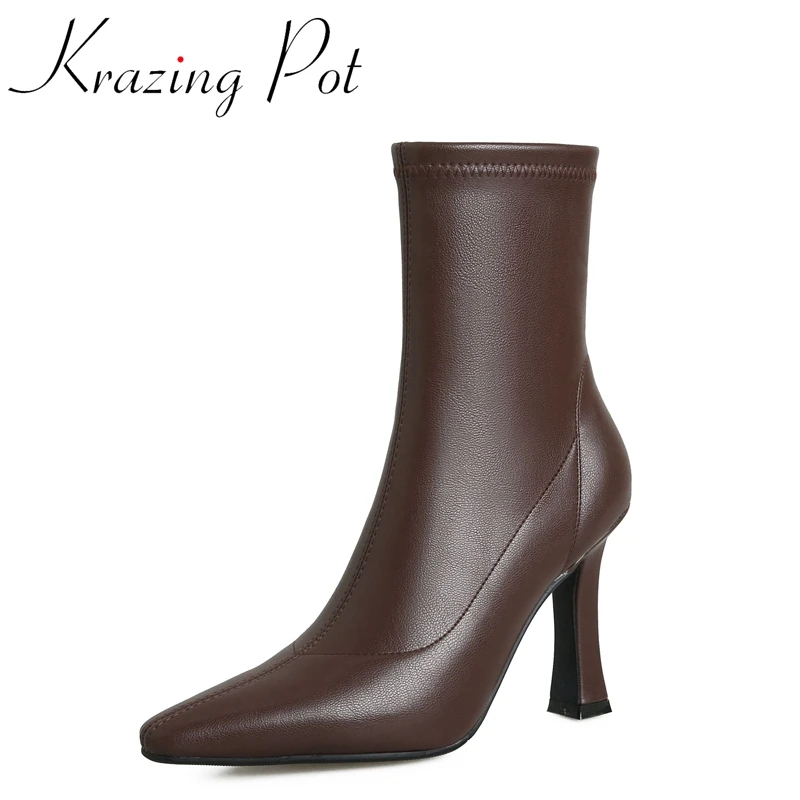 Krazing Pot Microfiber Pointed Toe Super High Heels Fashion Boots Large Size 43 Oriental Dating Causal Wedding Zip Ankle Boots