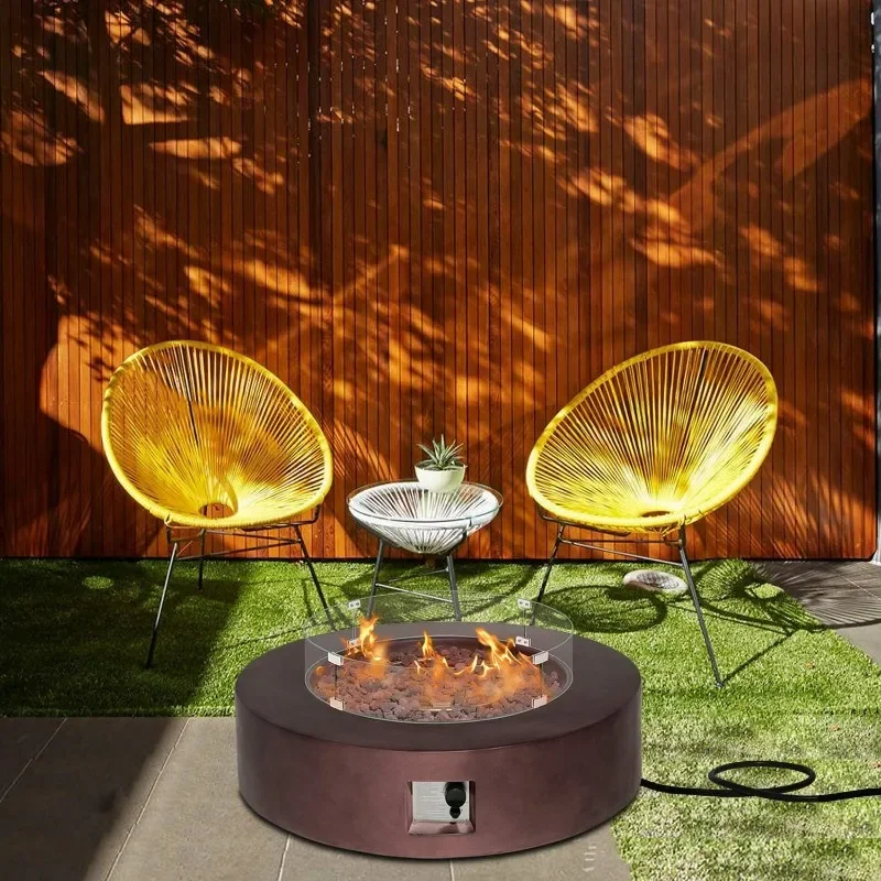 42 inch Propane Fire Pit, 50000 BTU Stainless Steel Burner Round Fire Table Free Lava Rocks, Glass Wind Guard, Waterproof Cover