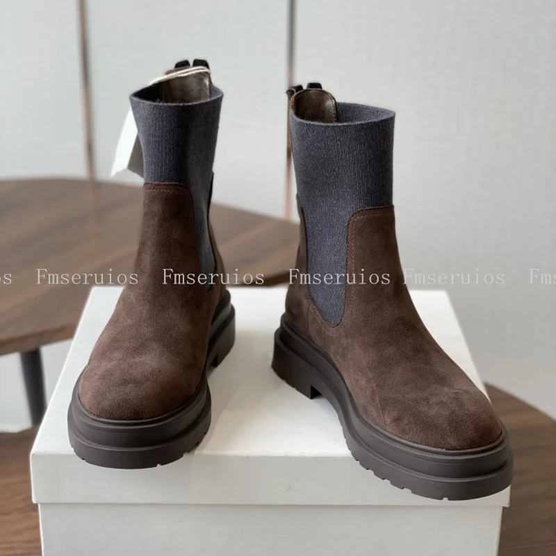 Mode Einfache Design Frauen Kurze Stiefel Runde Kappe Flache Sohle Echtes Leder Top Qualität Einfarbig Britischen Stil Chelsea Stiefel