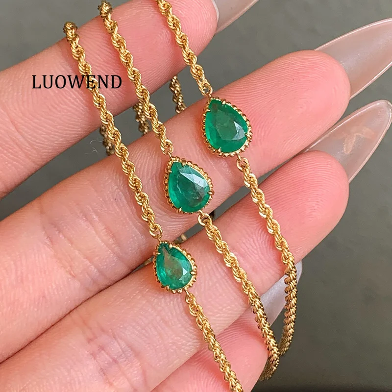 LUOWEND 100% 18K Yellow Gold Bracelet Fashion Style Water Drop Shape Real Natural Emerald Bracelet for Women High Party Jewelry