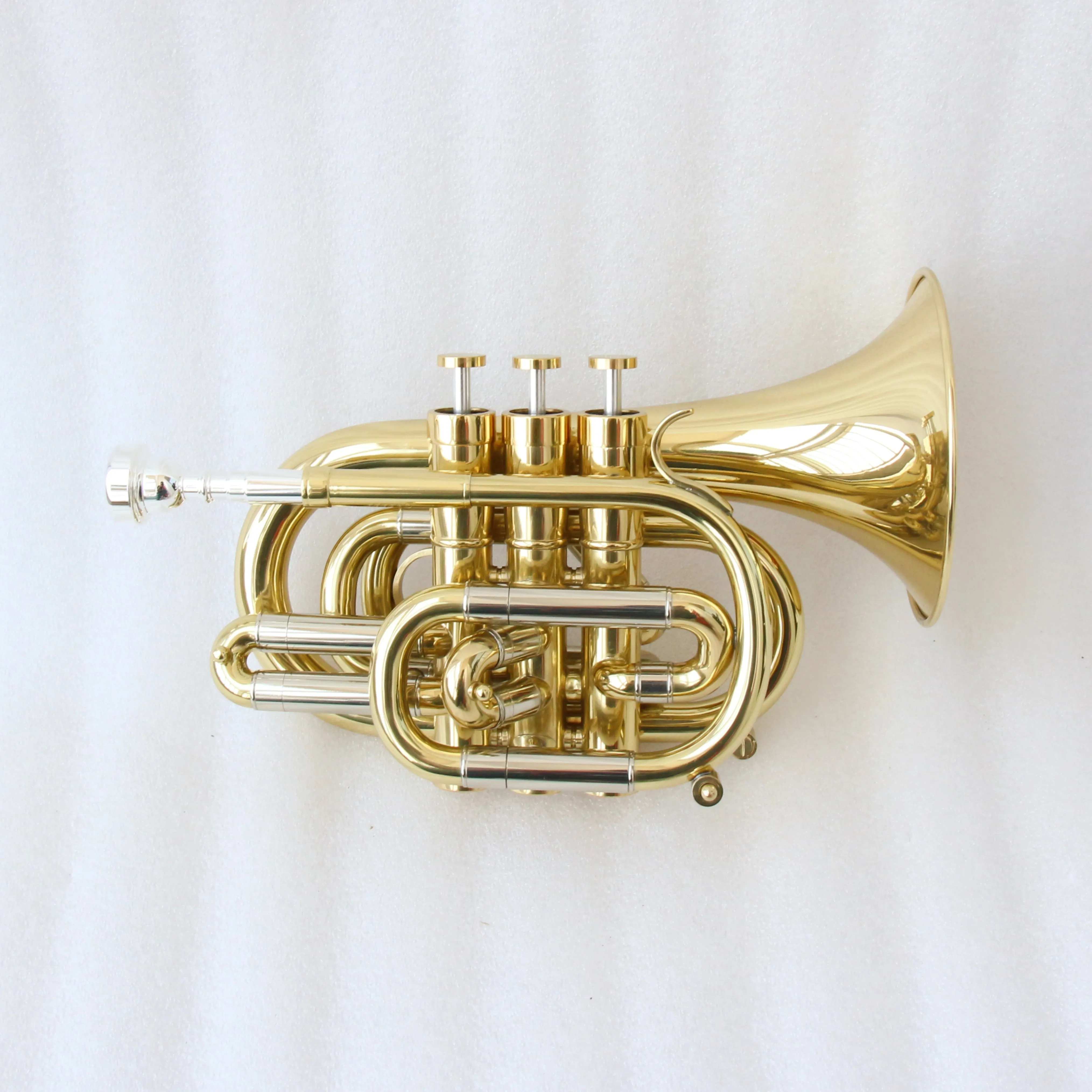 Bb Yellow Brass Pocket Trumpet Gold Lacquer Finish 3 Piston Valves Compact Mini For Travel Band Beginners