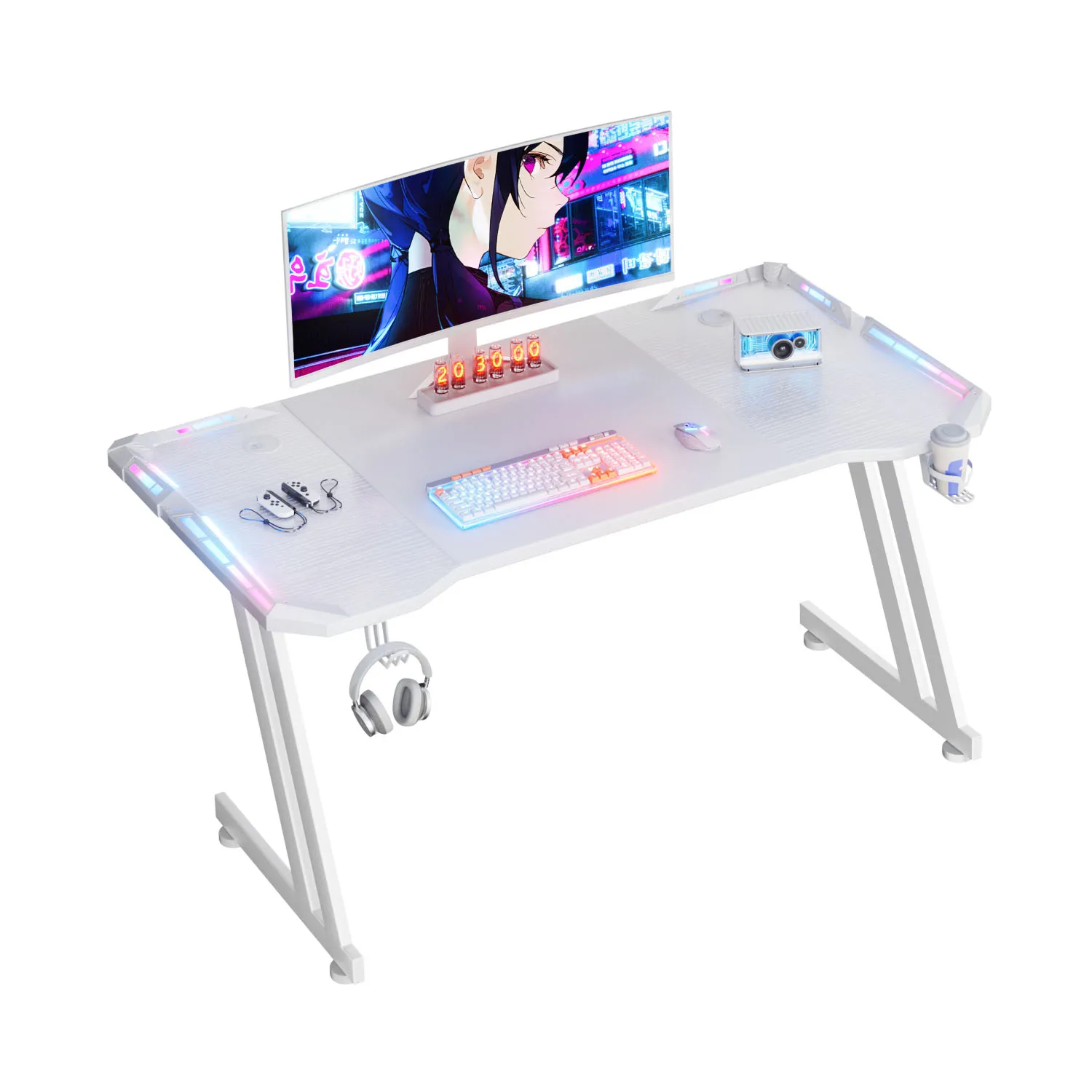 NEBMAAX White Gaming Desk RGB LED Lights Sturdy Z-Frame Workstation with Cup Holder And Headphone Hook for Home Office Gamers