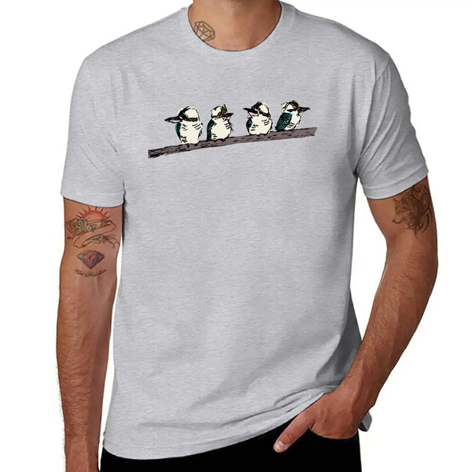 Group of 4 kookaburras on a branch - aqua T-Shirt summer clothes korean fashion mens graphic t-shirts big and tall