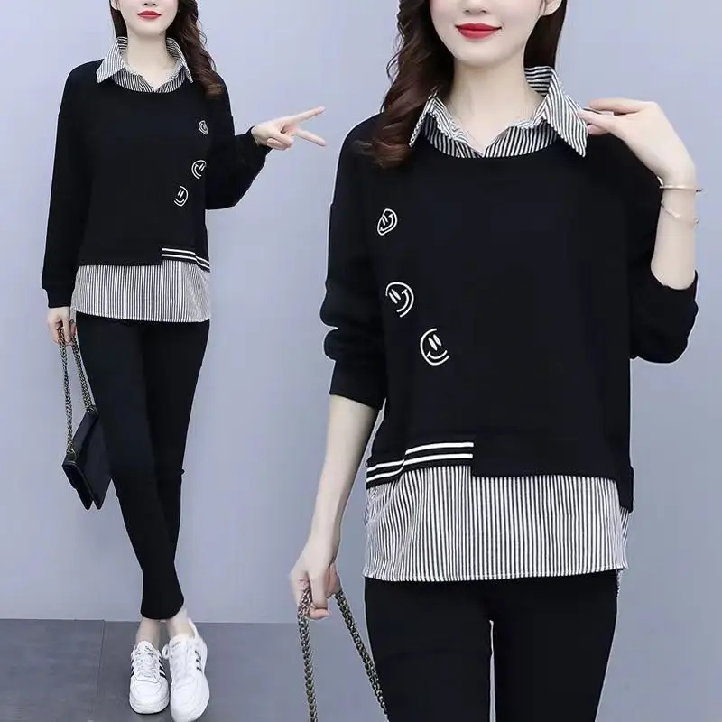 Fashion Lapel Striped Spliced Fake Two Pieces Blouses Women's Clothing 2023 Winter Loose Commuter Tops Casual Warm Shirts