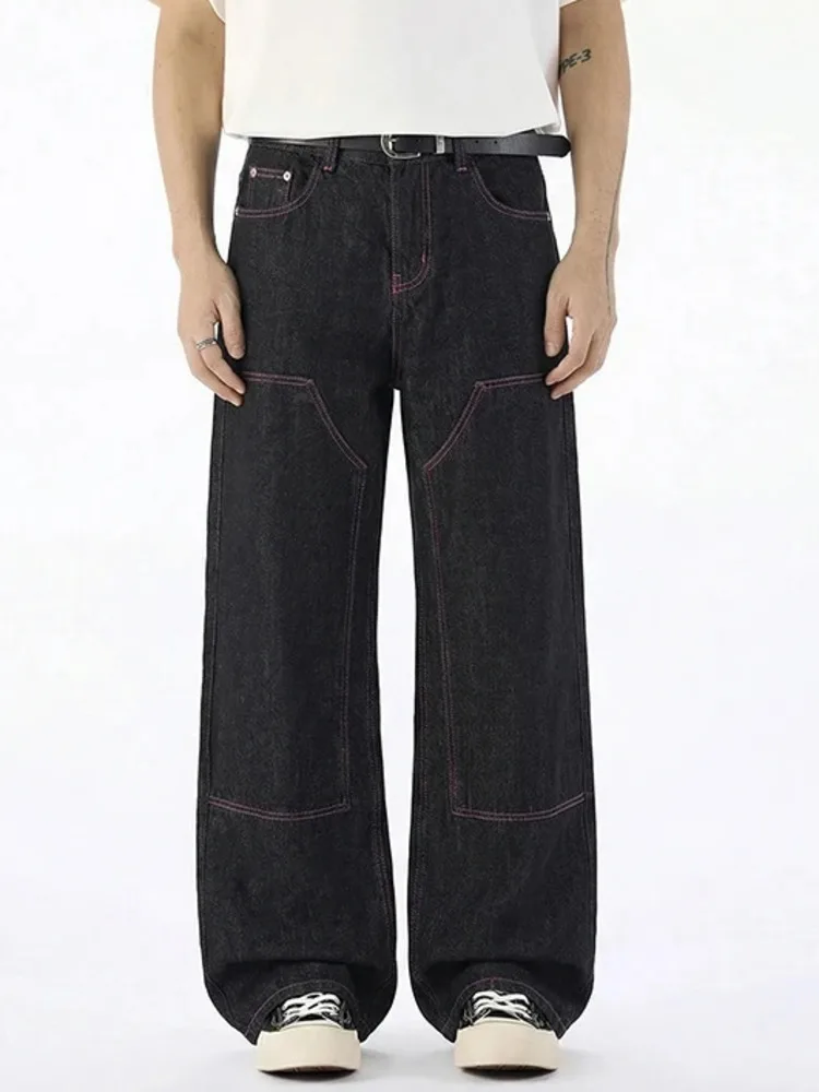 Men's Jeans Edgy Contrast Stitch Large Patch Pocket Black Wash Wide Leg Fit Streetwear Letter Printting Denim Pants D3BC