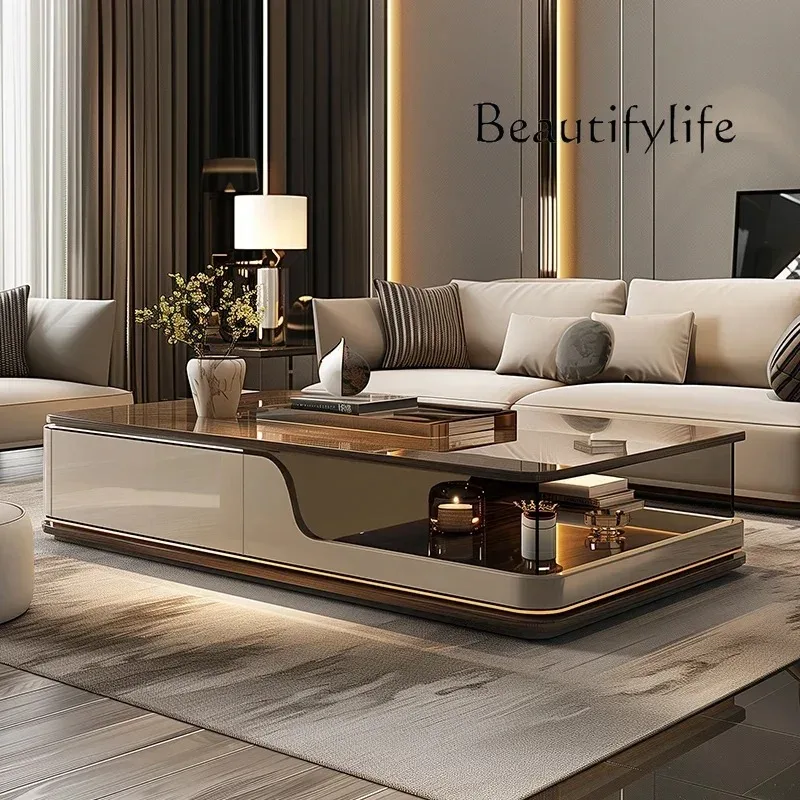 J طاولة القهوة لغرفة المعيشة الحديثة بسيطة البني الزجاج روك بلاطة جديدة الإيطالية الحد الأدنى طاولة شاي الخشب الصلب المنزلية #2