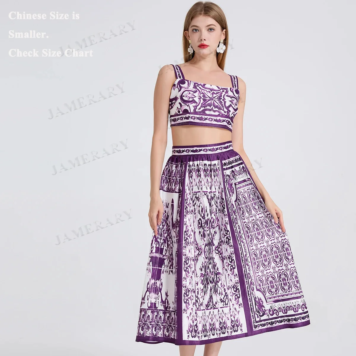 

Summer Purple Floral Two-Piece Set Women Porcelain Print Crop Tops Long Pleated Skirts Suits Beach Outfits Bohemian Midi Dresses