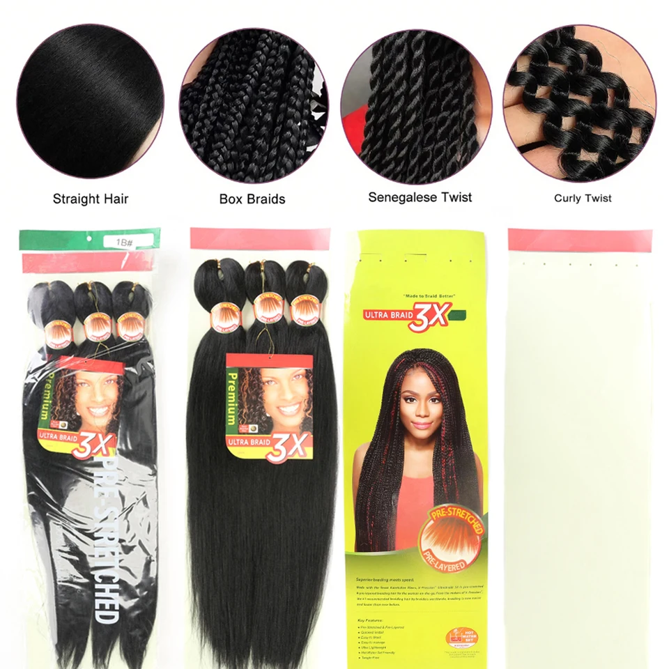 Cabello para Trenzas Pre Estirado 26 Pulgadas 3 Paquetes Yaki para Trenzas Ajuste con Agua Caliente Sintético Crochet Extensiones de Cabello 4