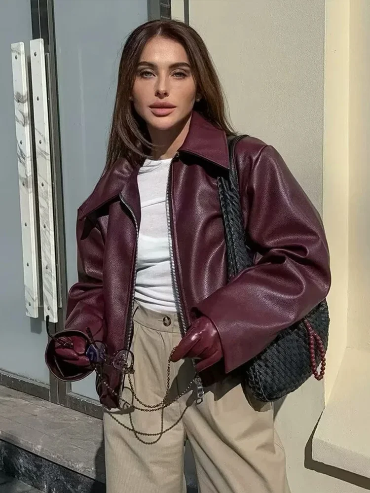 Women Autumn Fashion Faux Leather Burgundy Jackets Casual Lapel Long Sleeve Zipper Coats Female Chic Moto Biker Outerwear TRAF