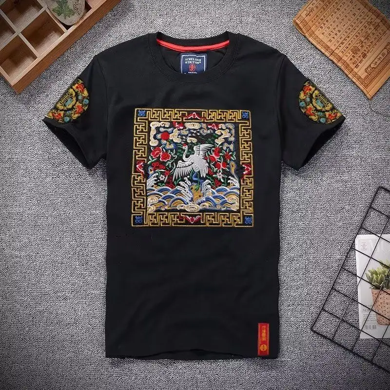 

T-shirt Embroidered Short Sleeved Men's Summer New Chinese Style Crane T Shirt Round Neck Fashion Casual Slim Fit Tops Tees