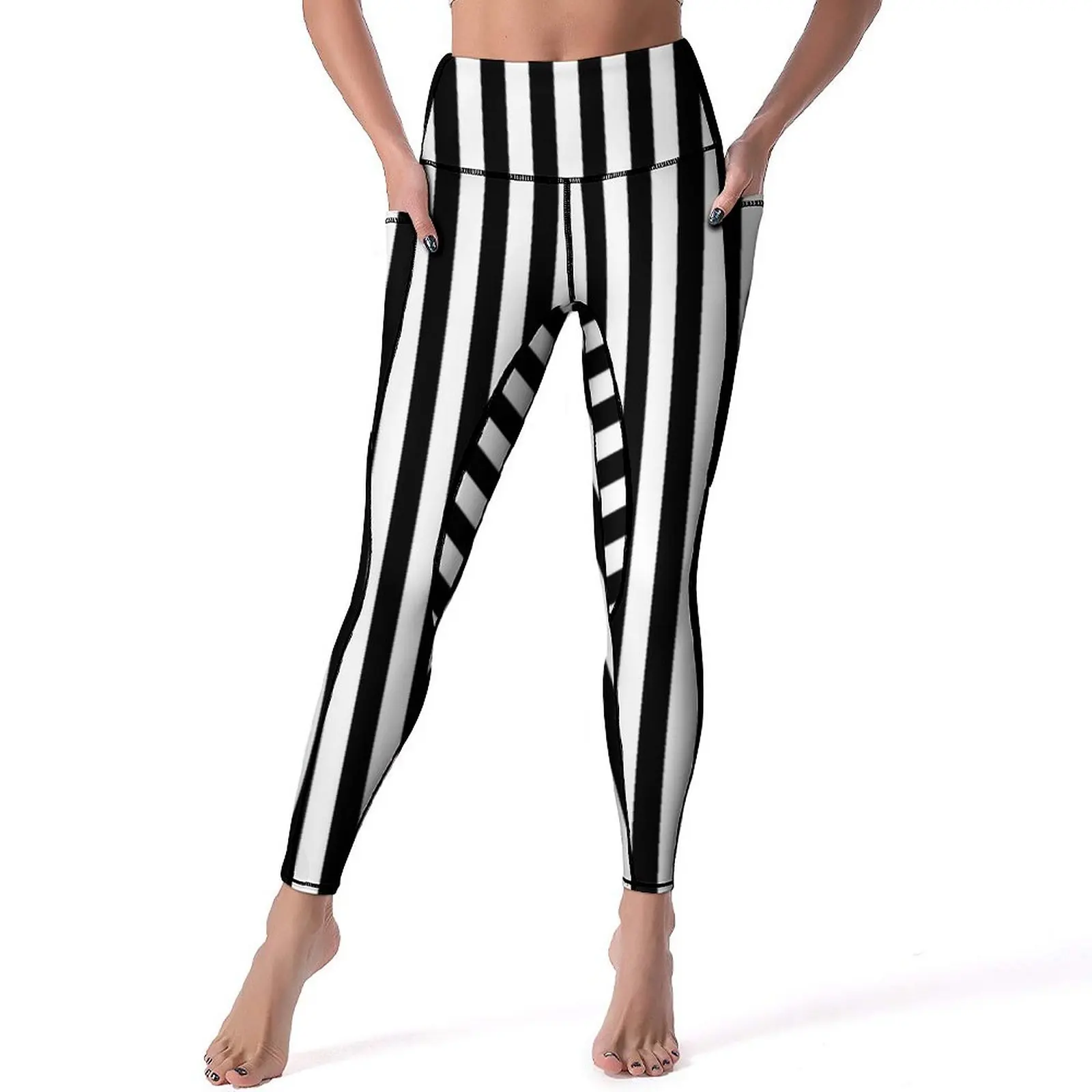 

Black White Striped Leggings Sexy Vertical Lines Print Fitness Yoga Pants Push Up Stretchy Sports Tights Novelty Graphic Leggins