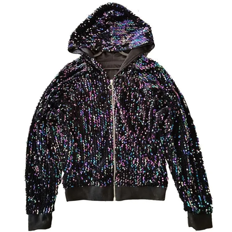 

Women's Hooded Loose Casual Jacket, Colorful Sequin Cardigan, Short Coat, Outerwear, Autumn, Winter