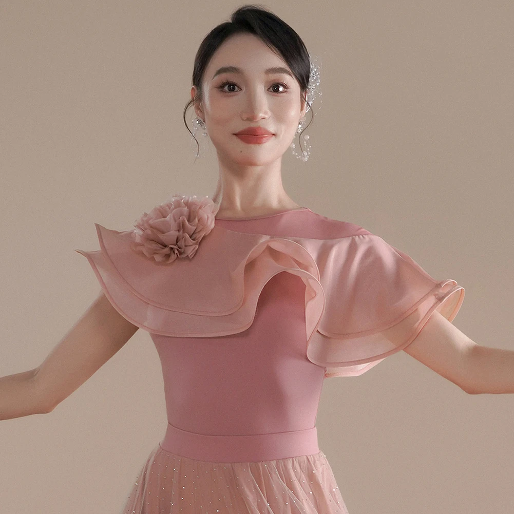 Top de Danza Moderna para Mujer, Blanco, con Flores Tridimensionales Rosa, Elegante, con Volantes, Manga Corta, Negro, para Vals