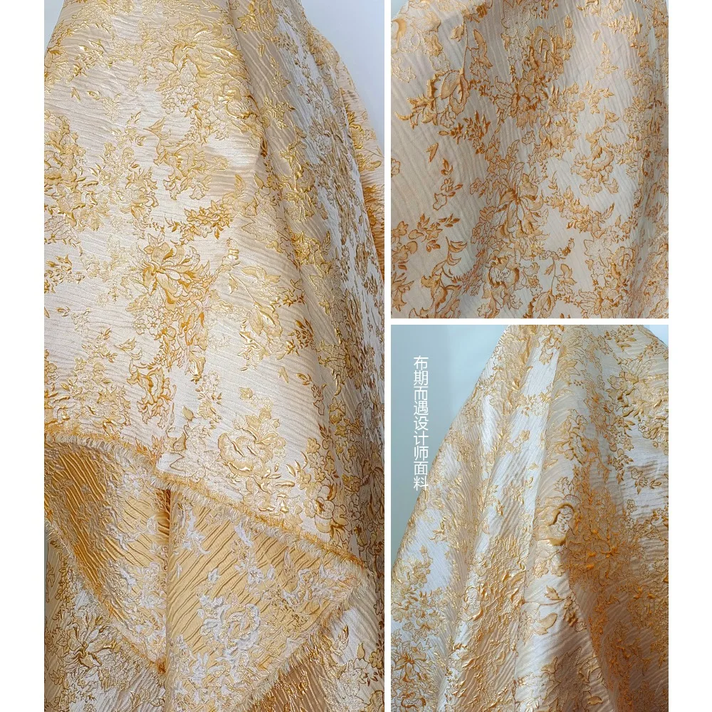 

Luxury Gold Embossed Jacquard Fabric, Chinese Style Cheongsam Dress Material with 3D Wrinkle Texture, Stiff yet Thin Brocade