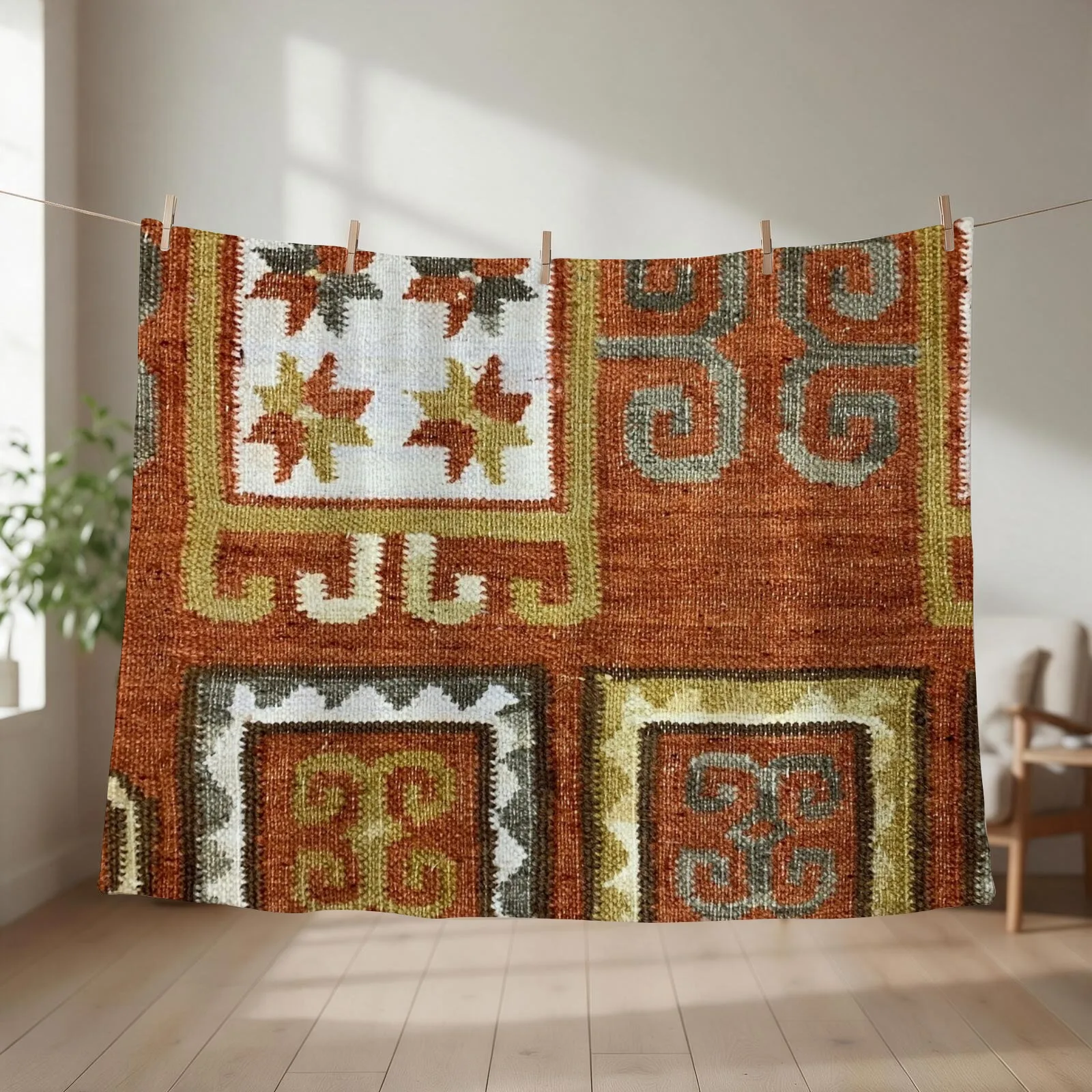Decorative Caucasian Kilim, Navaho Weave, Woven Textile Throw Blanket couch cozy soft plush fuzzy picnic outdoor blanket
