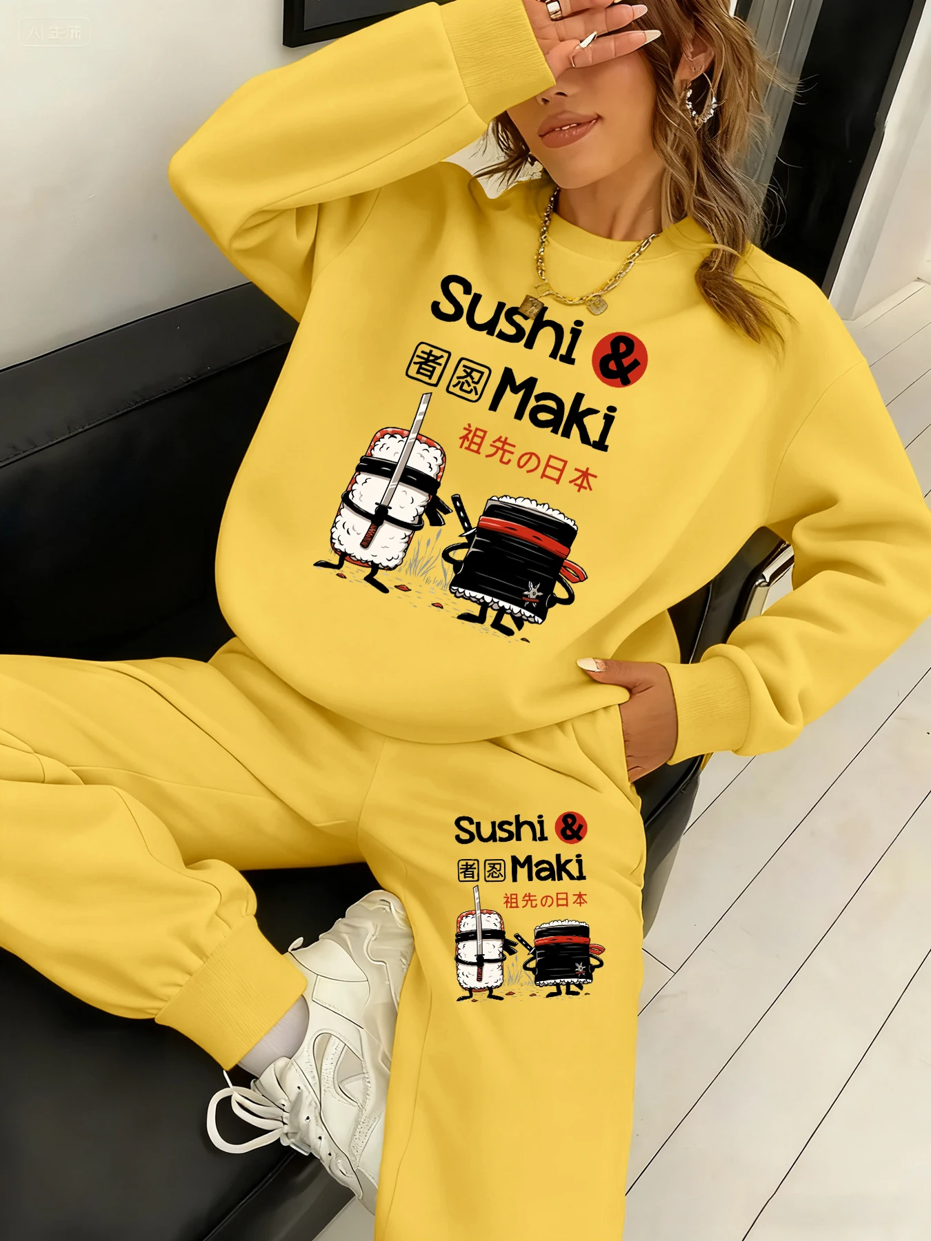 Japão comics ninja sushi impressão moletom conjunto feminino velo y2k pulôver all-match calças de outono unisex crewneck moletom