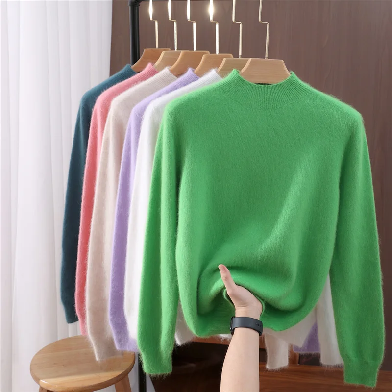 เสื้อผ้าผู้หญิงพื้นฐาน เสื้อสเวตเตอร์ไหมพรมฤดูใบไม้ร่วงฤดูหนาว ผ้าแคชเมียร์มิงค์แท้ 100% เสื้อสเวตเตอร์คอเต่าครึ่งตัว เสื้อไหมพรมผู้หญิง อุ่นสบาย