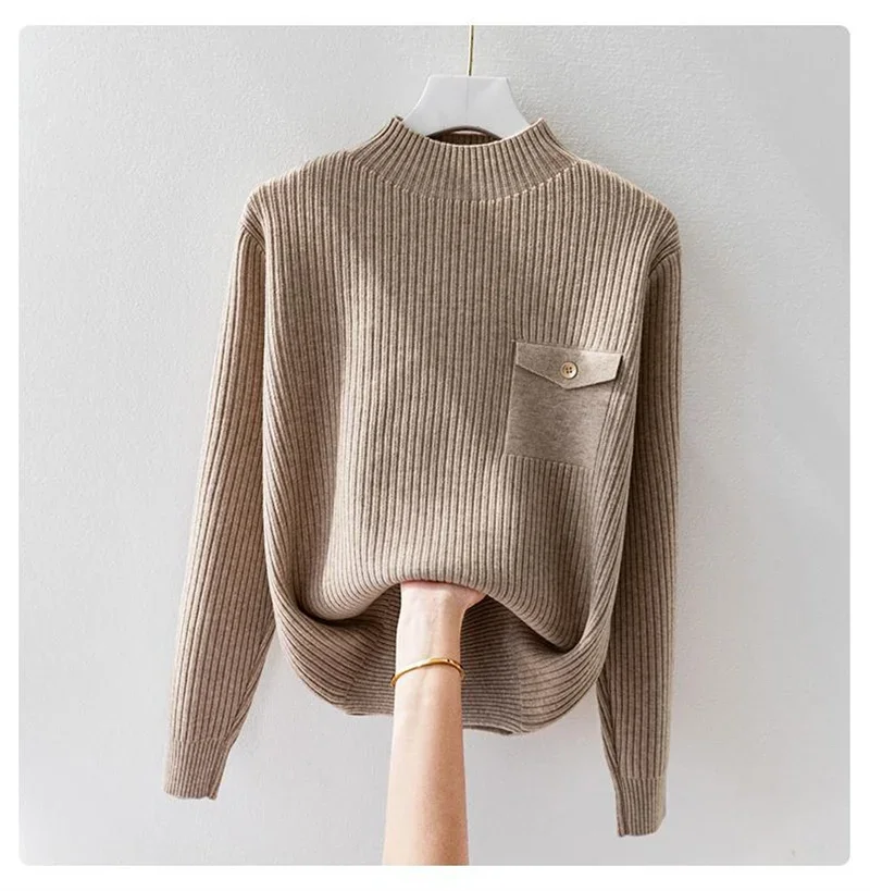 

GELITAYIN New Turtleneck Knitted Women Sweater Ribbed Pullovers Autumn Winter Basic Casual Women Sweaters Fit Soft Warm Tops