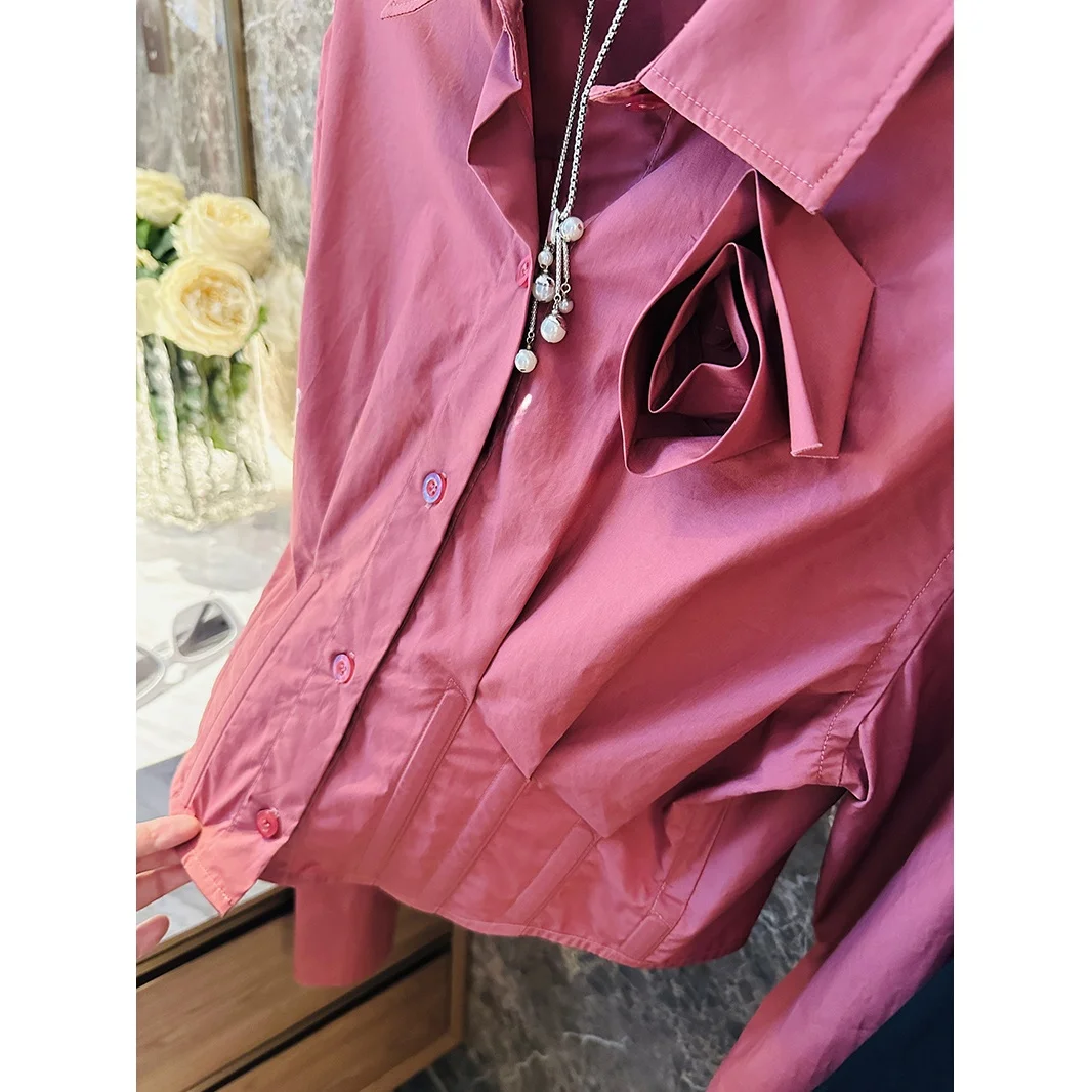 

Elegant Pink Flower Long Sleeve Shirt Slimming Shaped Beautiful Fishbone Design Cotton Casual Shirt for Women Short Length