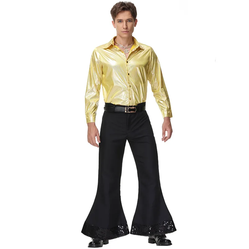 Adult Retro 60s 70s Hippy Hippie Disco Costume Cosplay for Men Halloween Party Stage Performance Fantasia Black Gold