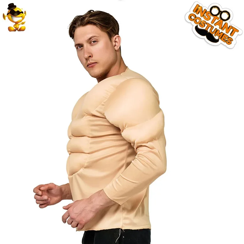 Adult Muscle Suit Muscle Man Round Neck T-shirt Halloween Cosplay, Men's Solid Color Personality Fake Abs T-shirt Party Costume