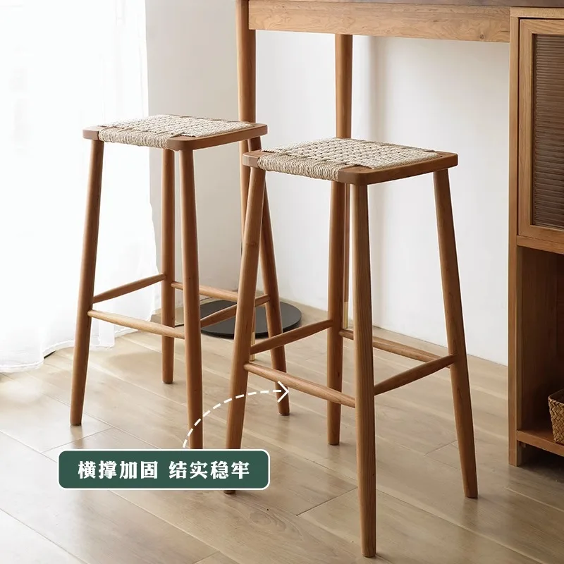 

Nordic solid wood bar chair household cherry wood Japanese simple rattan bar stool island chair high stool bar stool