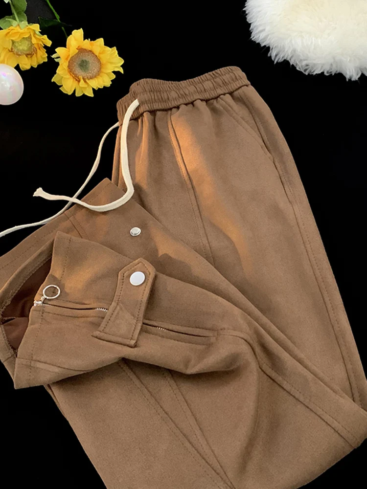 American Retro Brown Men's Oversize Suede Sweatpants Heavy Leg Zipper Flared Pants Casual Loose Fit Long Pants Autumn Wear