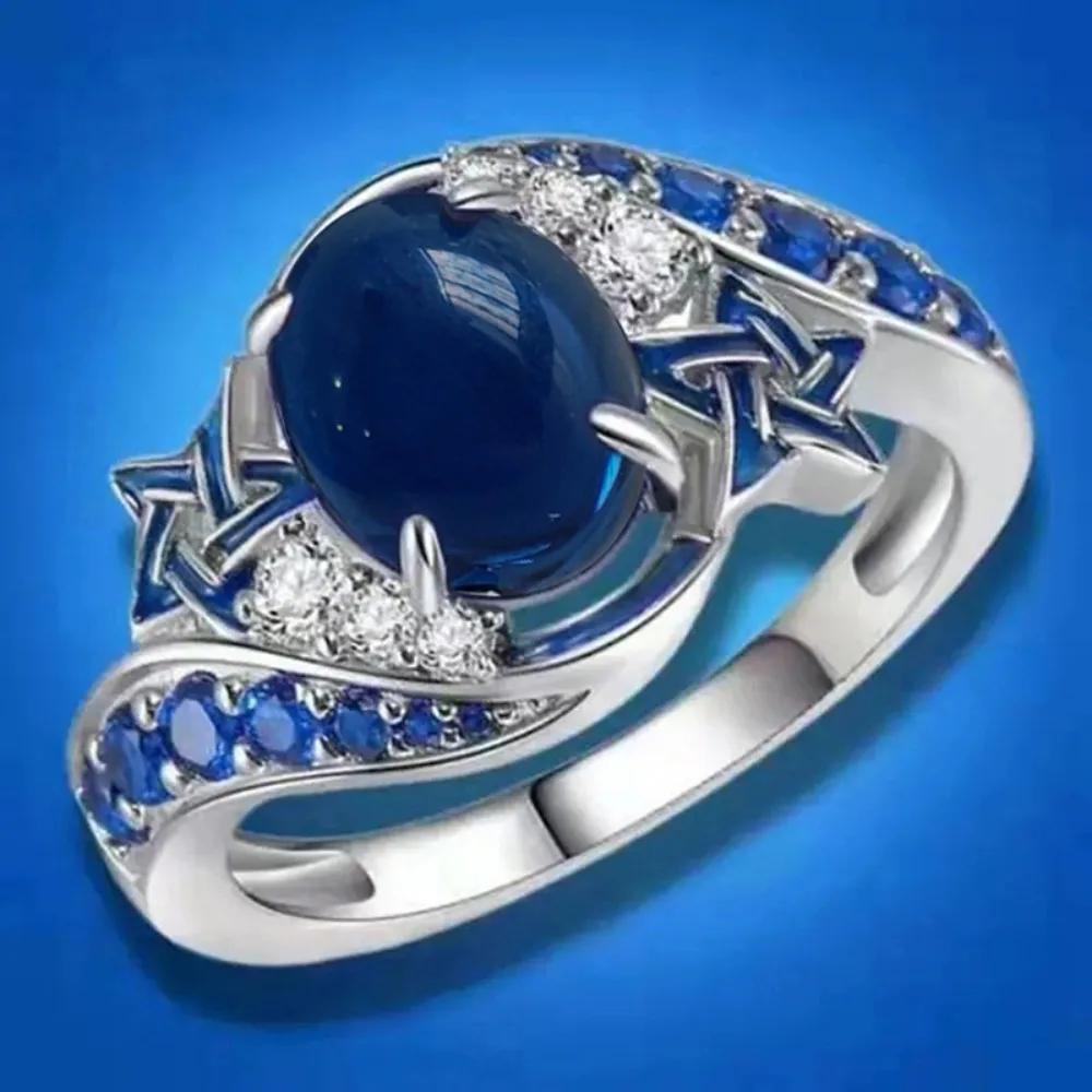 Y2k Luxury Shiny Star Micro-inlay 5A Zircon Oval Imitation Blue Agate Rings for Women Stainless Steel Temperament Jewelry Gifts