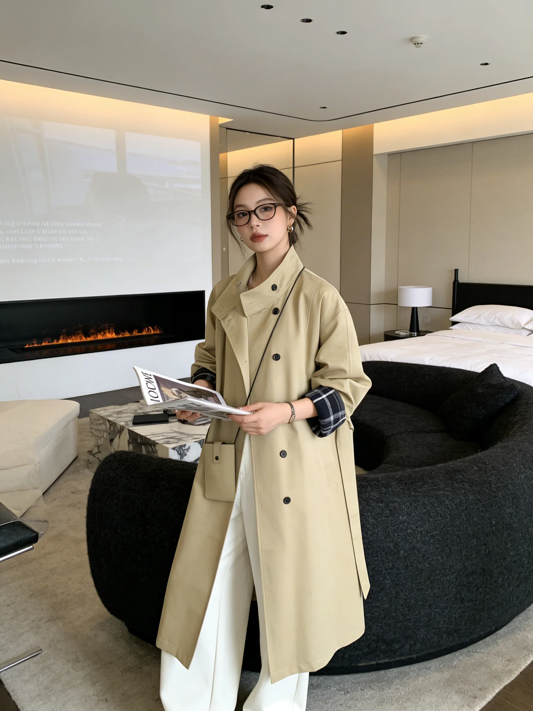 

Корейская стильная длинная ветровка с цветными вставками, утягивающая фигуру, цвета хаки, для ранней весны, женская куртка