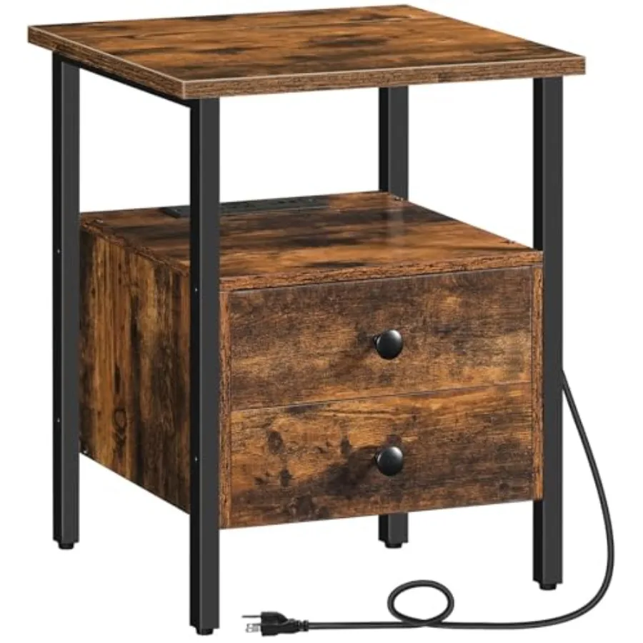 

End Table with Charging Station for Small Spaces Rustic Brown Nightstand with 2 Drawers and USB/Type-C Ports Stable and Sturdy