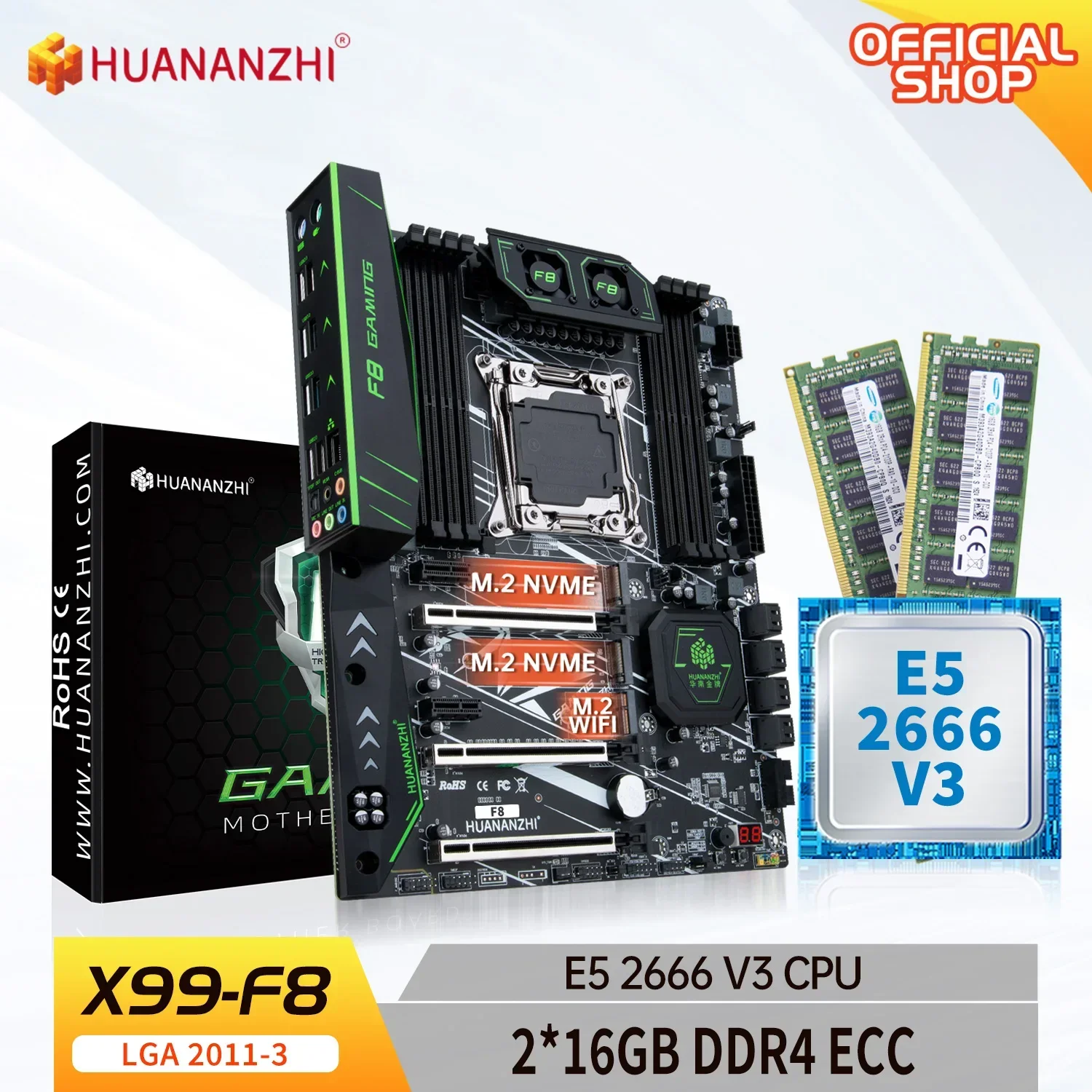 HUANANZHI X99 F8 LGA 2011-3 Xeon Ready ATX Intel X99 Motherboard Combo Kit with Intel E5-2666 V3 Processor And 2x16GB DDR4 Memor