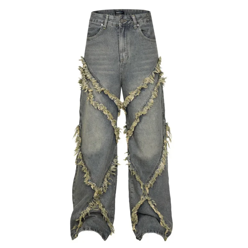 High Street American Washed Distressed Spliced Cat Whisker Jeans for Both Men and Women, Loose Wide Leg Straight Leg Long Pants - Image 2