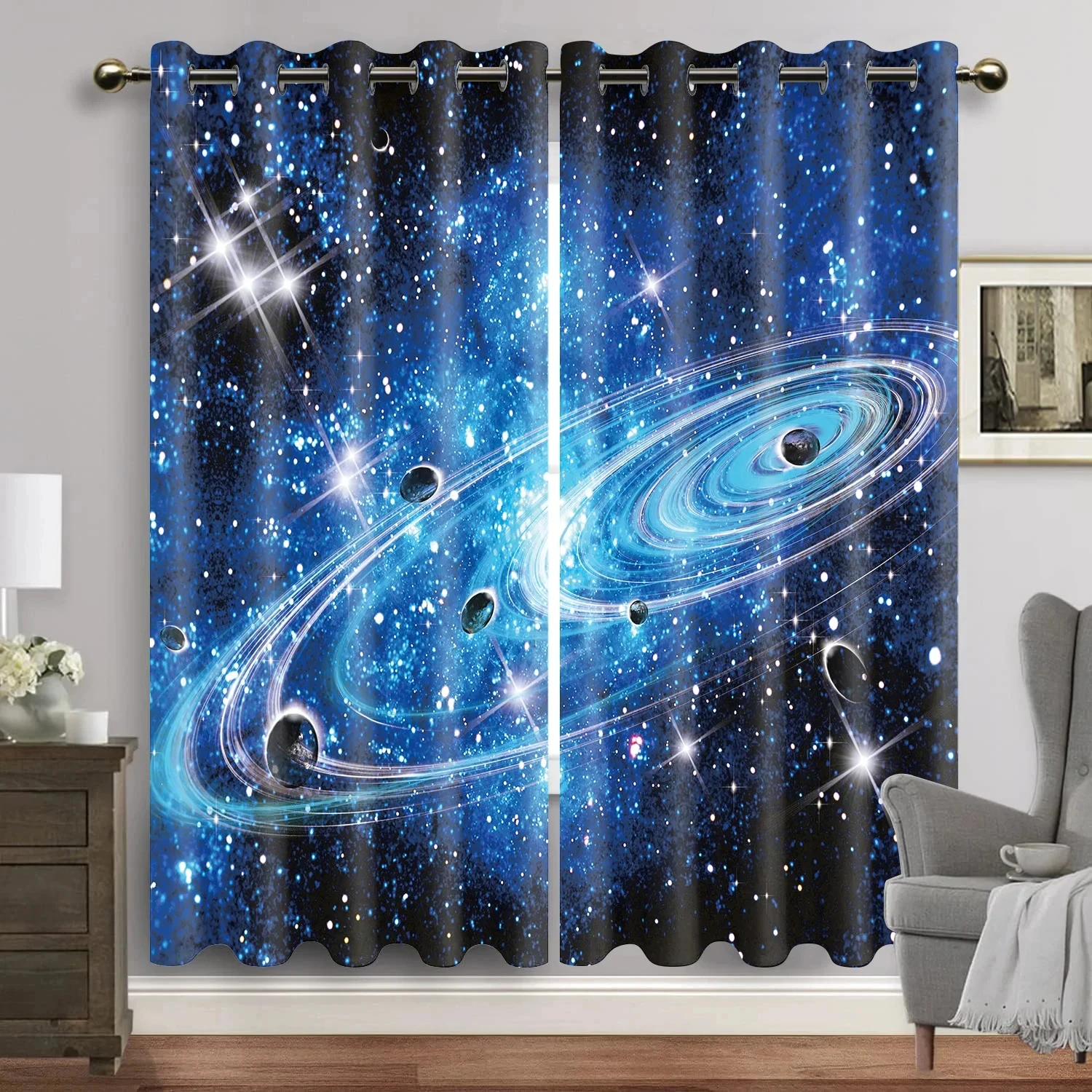 

Blue Galaxy Window Curtains Space Planet Semi Blackout Curtain Universe Stars Drapes for Bedroom Starry Forest Cortinas 2pcs