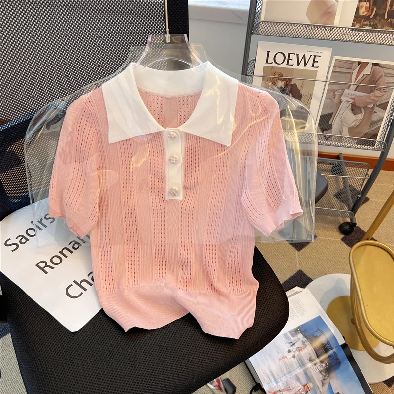 Coreano gelo seda malha camisola camisetas femininas topos 2025 verão manga curta oco para fora moda solta elegante senhoras malhas