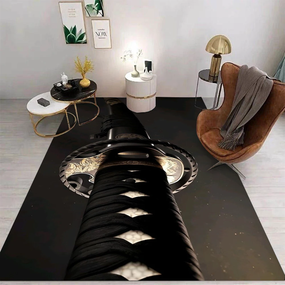 Samurai Katana Printing Carpet Mat Rug Japanese Ronin Theme Red Sun Black Background Home Decoration Living Room Floor Mat
