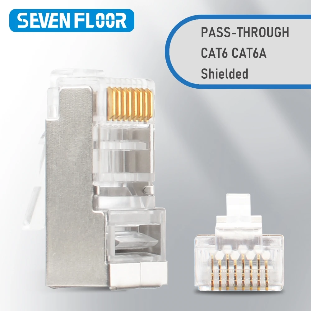Cat6 Cat6A RJ45 Pass Through Connector 50Pcs, STP/UTP 8P8C 3-Prong Modular Plug, Metal Shell for 1.0mm Ethernet Cable