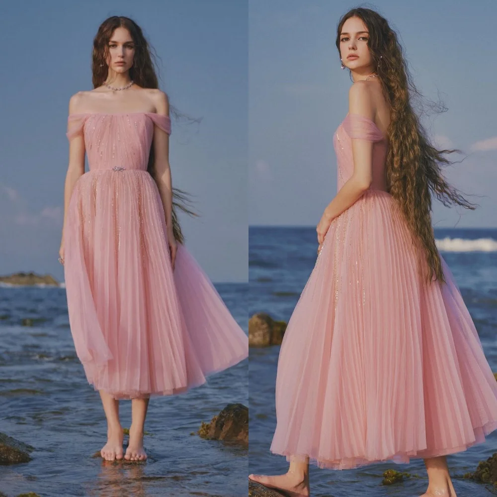 Organza Draped Pleat Sequined Graduation A-line Off-the-shoulder Bespoke Occasion Gown Midi Dresses