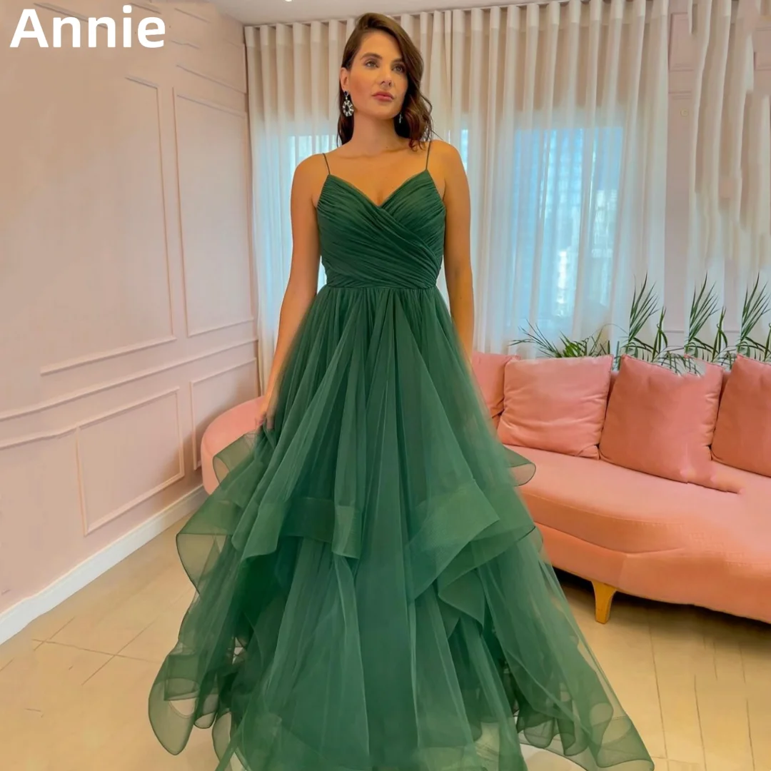 

Annie Dark Green Prom Dresses A-line Evening Dress فساتين السهرة Tulle Curled Edge Elegant Lady Wedding PartyDress Custom Dress