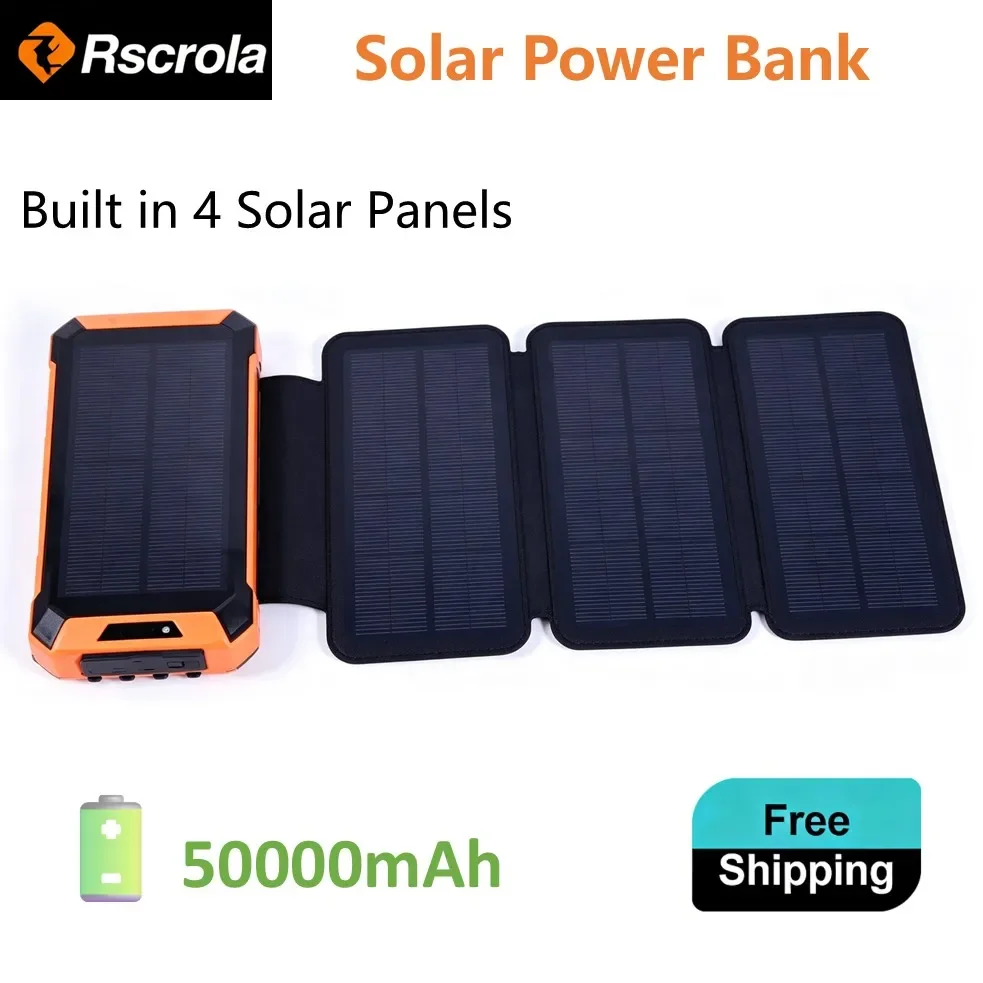 Solar Power Bank with 4 Solar Panels, 50000mAh Portable Solar External Battery for Home & Office for Phone Earphone