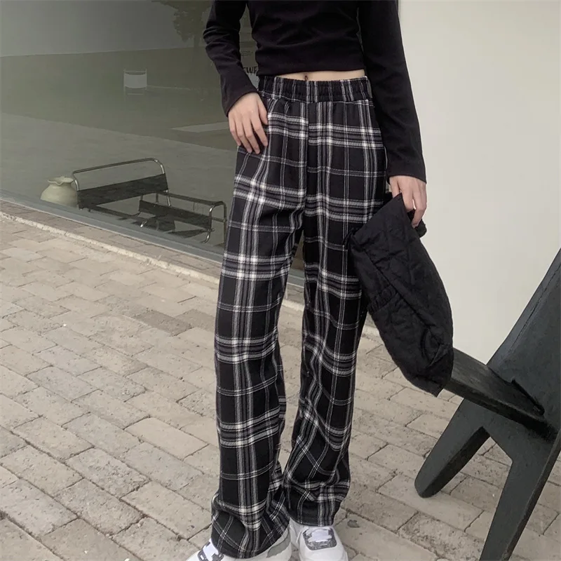 Padded Thickened Wide Leg Pants Winter Lambswool Plaid Pants Female High Waist Casual Straight Pants