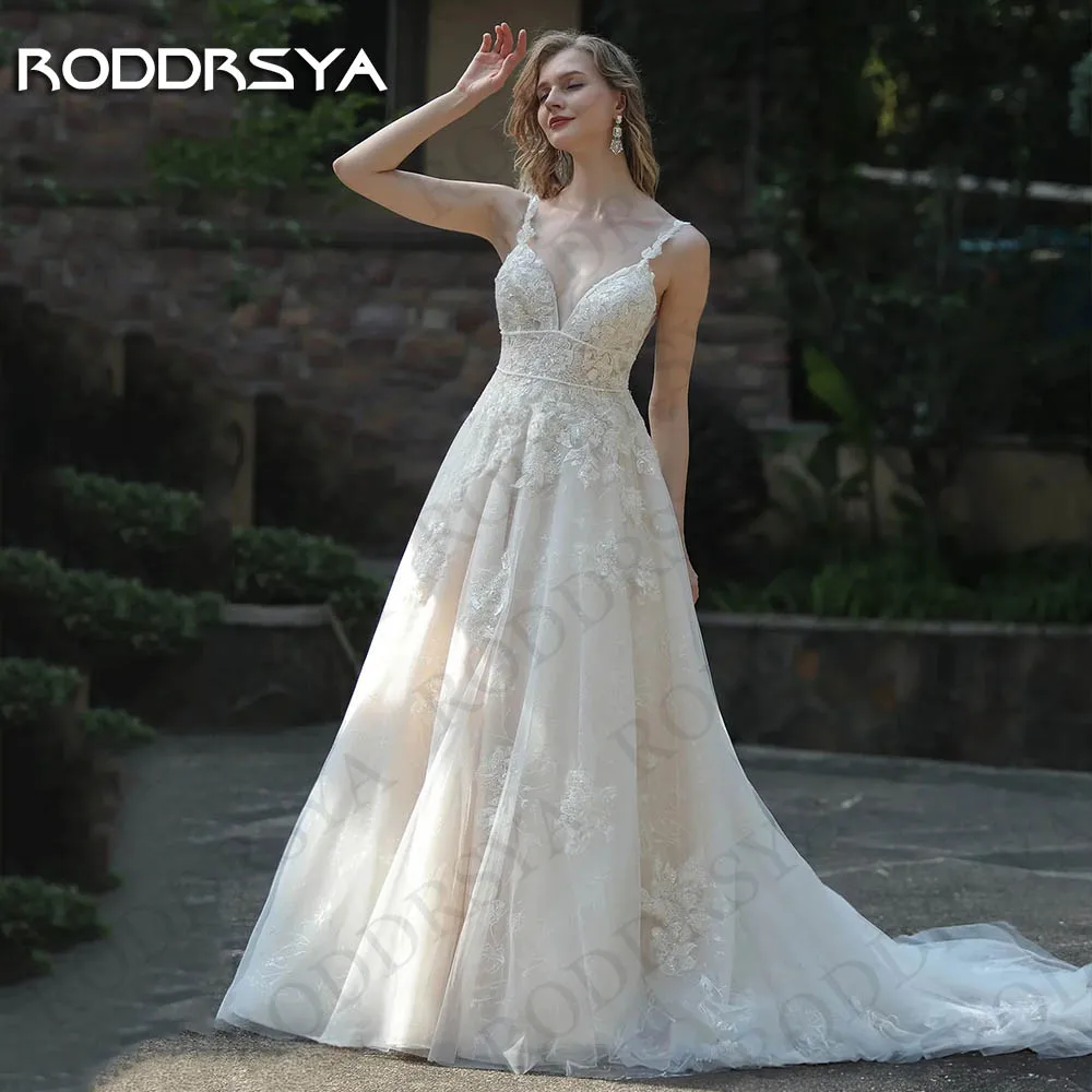 

RODDRSYA Charming A Line Wedding Dresses For Bride suknia ślubna Spaghetti Straps Lace V Neck Appliques Backless Bridal Gowns