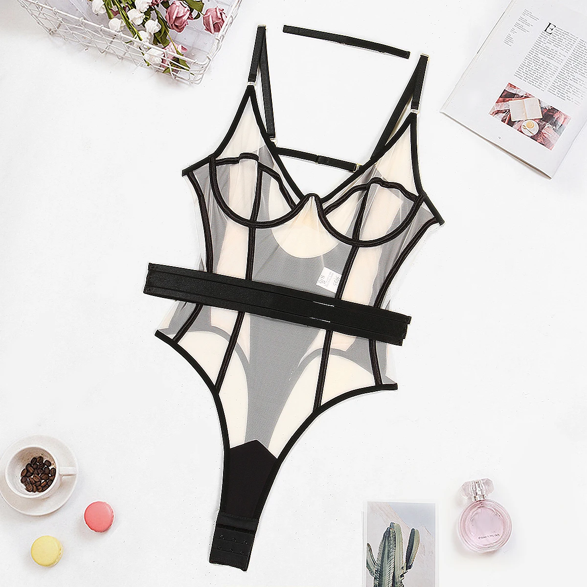 

Sexy Lace Women Bodysuit French Ultra Thin Mesh Breathable Underwear Summer V-neck Sling Onesies Bandage Bodycon Hollow Jumpsuit