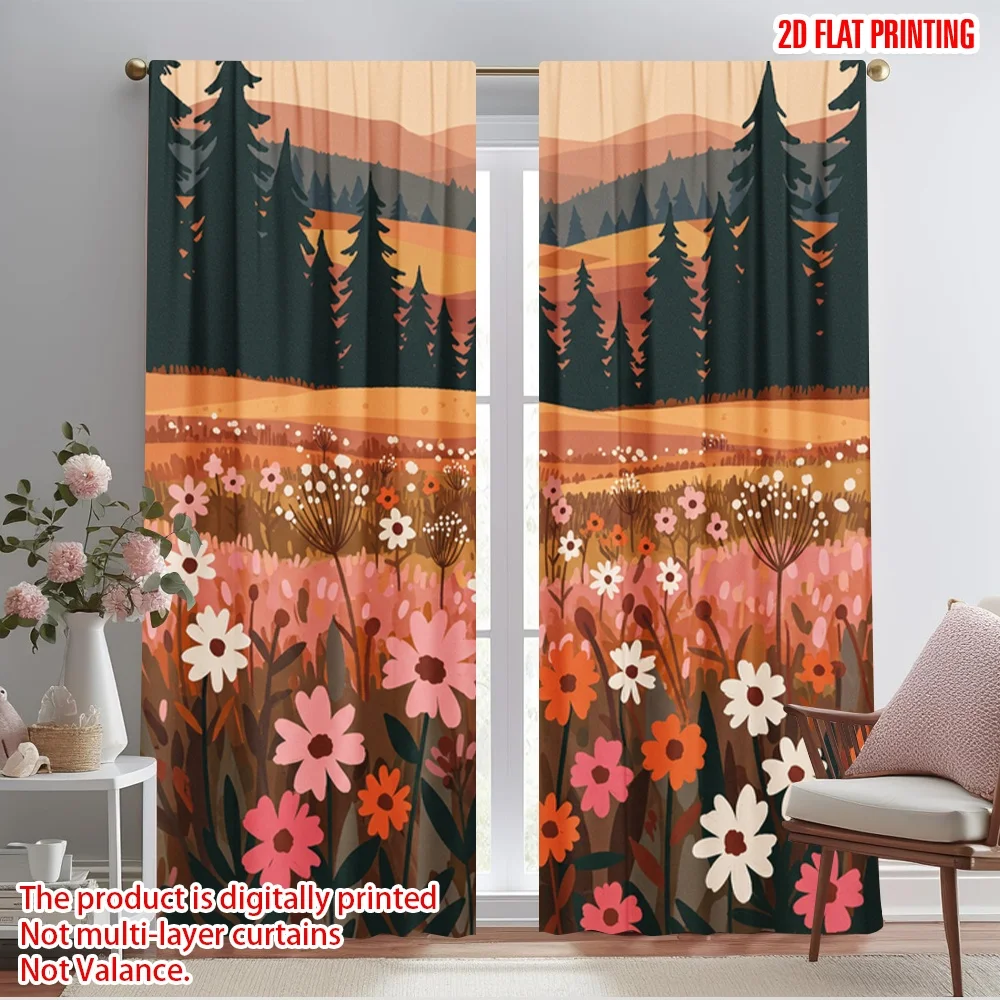 

2pcs 2D flat printing Party Window Curtains Mountain Wildflower Meadow Floral Landscape Polyester Without Electricity Holiday