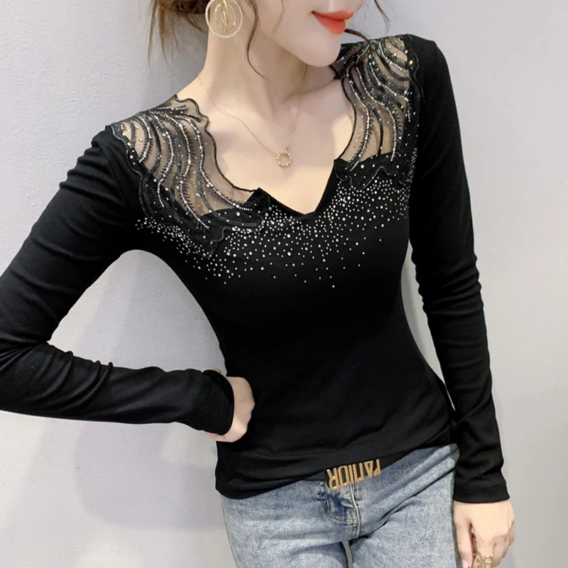 New Autumn Hand Made Diamonds T-Shirt Women Mesh Transparent Embroidery Drilling Shiny Slim Tops Tees Long Sleeve Casual 9924