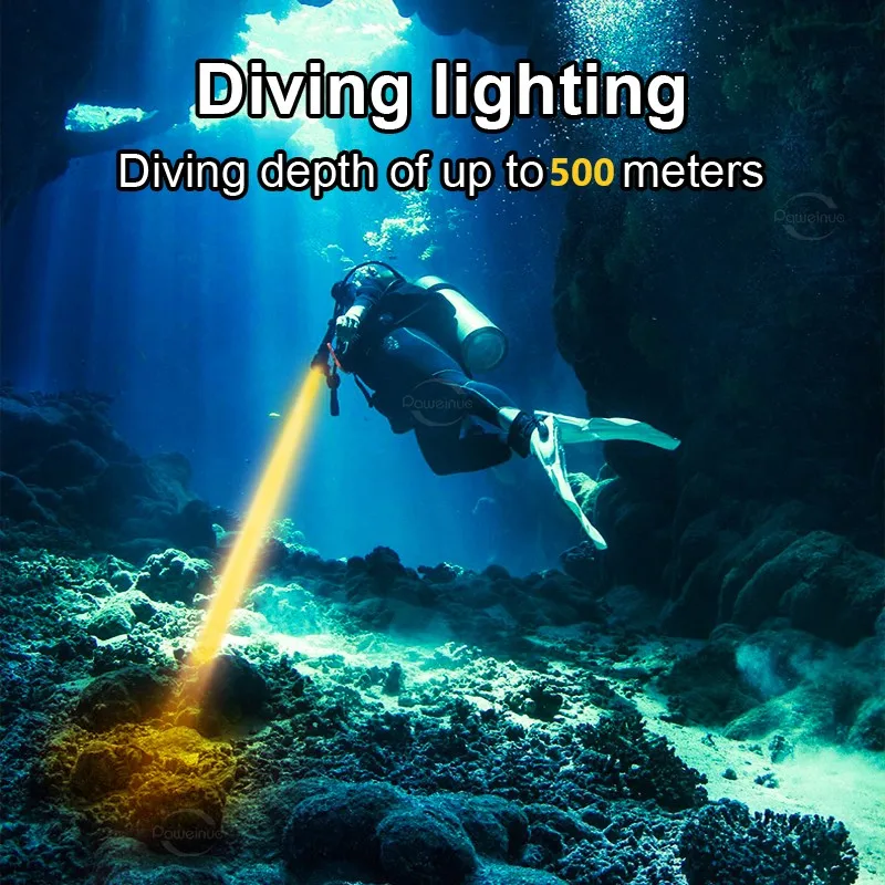 XHP100 Powerful Diving Flashlight Rechargeable 18650 LED Yellow Light High Power Waterproof IPX8 Underwater Torch Diving Lantern