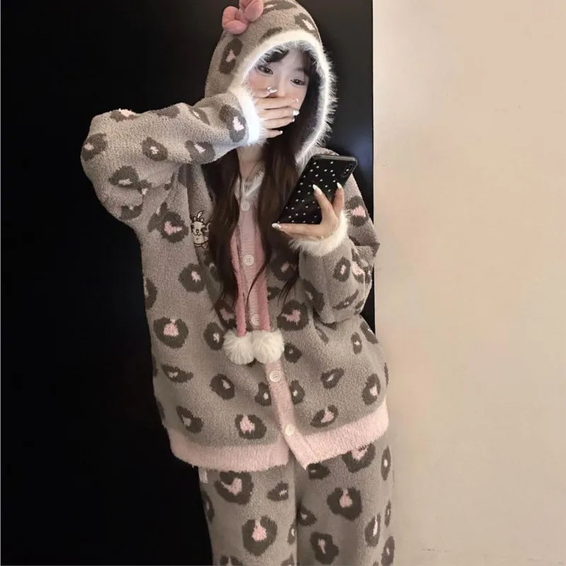 

Cat Print Half-Fleece Trousers Set For Women 2026 Winter Hoodie Long Pants Fleece-Lined Thick Warm Home Wear Pajama 2 Pcs Set